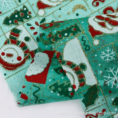 100 Nylon santa claus pattern printed flores de tela metallic organza christmas fabric for garment